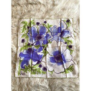 VERA Vintage Square Floral Flower Scene Garden Blue Scarf Hand Made in Japan 21”